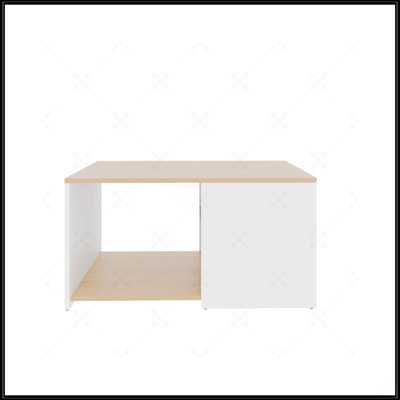 White And Natural Oak Coffee Table With Open Storage And Conical Legs