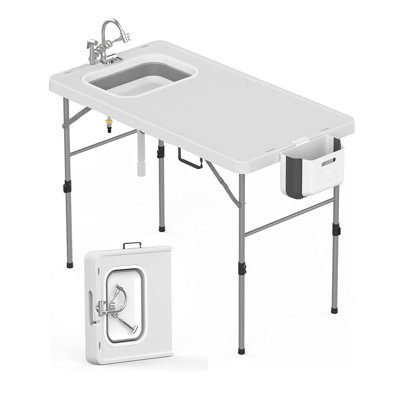 Portable Folding Camping Table with Sink White Fold in Half Outdoor Fish Cleaning Station for Picnic BBQ Backyard