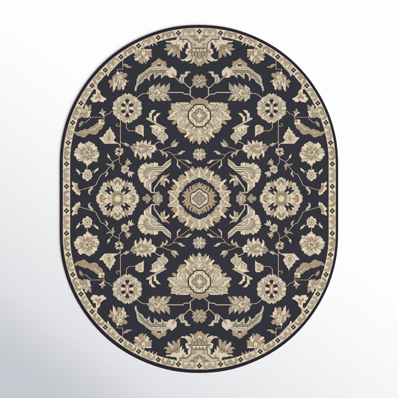 Tapis oriental en laine touffeté à la main à motif encre / beige / écume de mer / brun clair Arden, Oval 6 pi x 9 pi