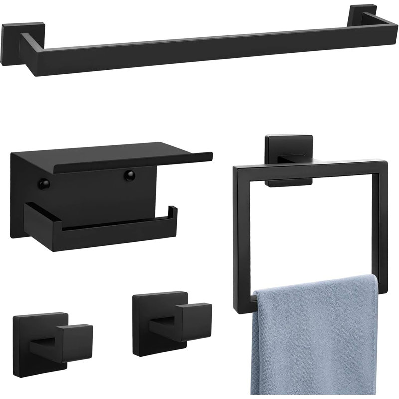 Ensemble de quincaillerie de salle de bain murale en acier inoxydable noir mat 5 pièces avec tablette, Noir mat