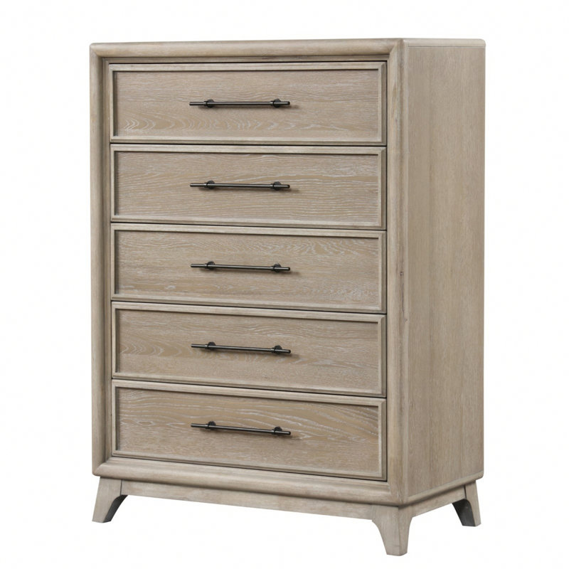 Commode de style transitionnel avec poignée en métal pour chambre à coucher