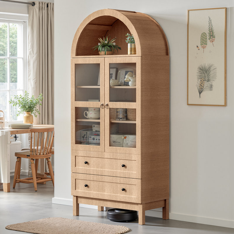 Garde-manger arqué de 71 po de hauteur, armoire de rangement avec portes en verre, 2 grands tiroirs et 3 tablettes réglables, style campagne moderne pour les cuisines, les petites maisons et les appartements