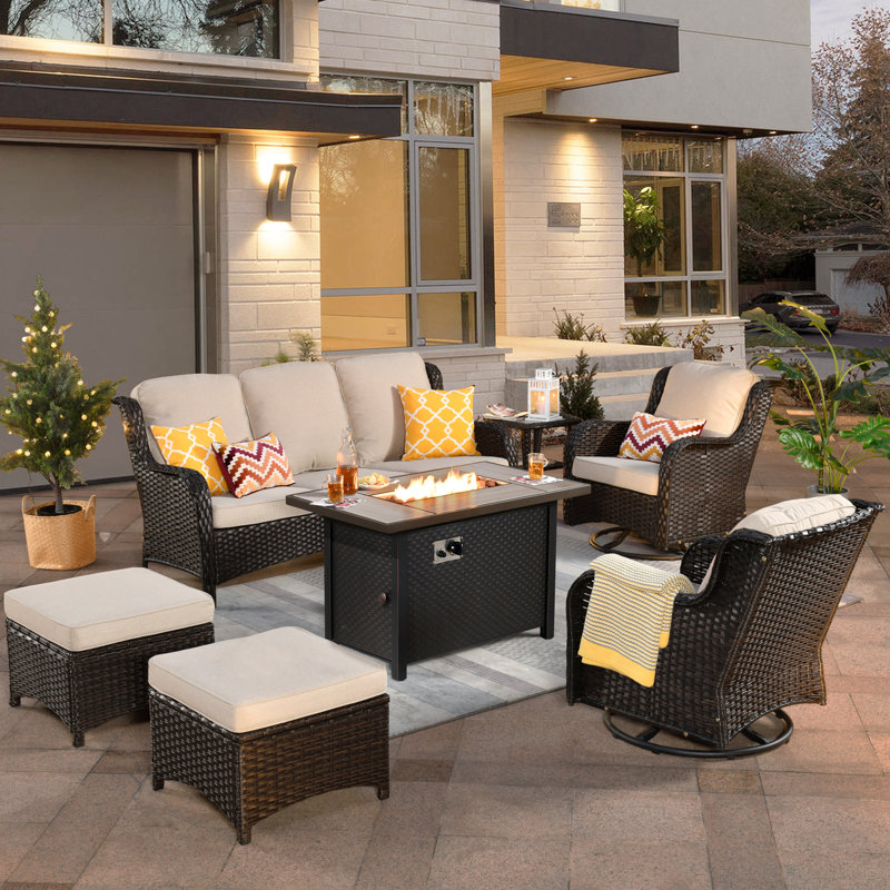 Ensemble de conversation d'extérieur pour 7 personnes avec foyer et coussins Romed, Brun, Beige