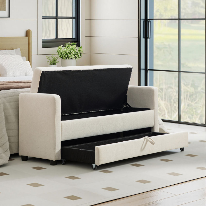 Banc de rangement rembourré de 58 po à deux niveaux avec plateau relevable et tiroir, Beige