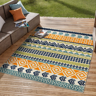 Tapis d'intérieur / extérieur géométrique Duxbury - orange / bleu marine / vert