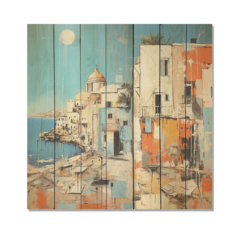 Impression de l'île grecque de Santorin IV - Santorin sur bois, H 15 po x l 15 po