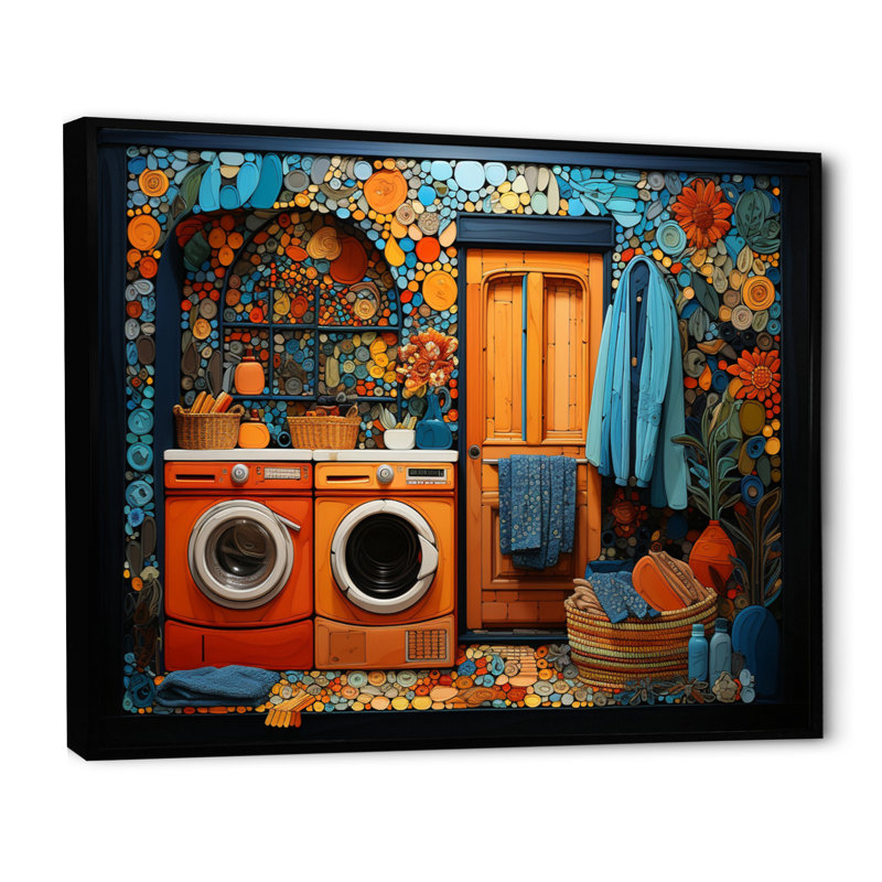 Blanchisserie Popart Room - Art mural, Cadre flottant noir, H 24 po x l 32 po x P 1 po