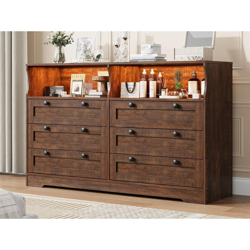 Dresser for Bedroom, Large Wooden Dresser with 6 Drawer, 55 Inch Tv Stand Dressers for Bedroom with Power Outlet, Brown