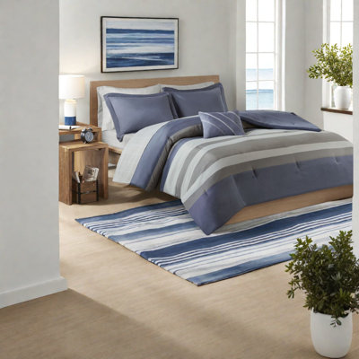 Premium Polyester Queen Bedding Sets, Blue Grey Striped For Home