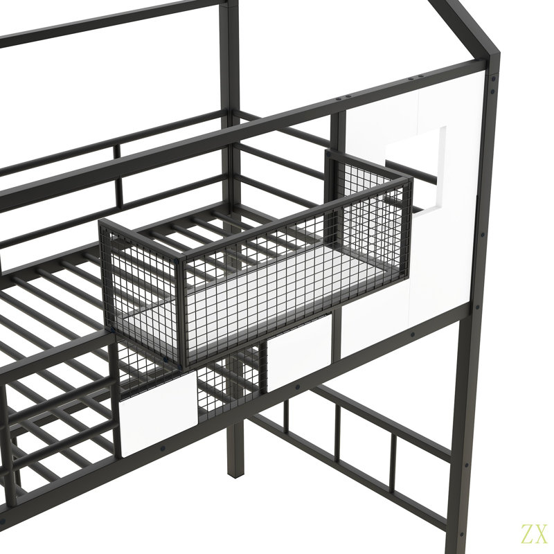 Lit mezzanine en métal avec toit et boîte de rangement, simple, Noir