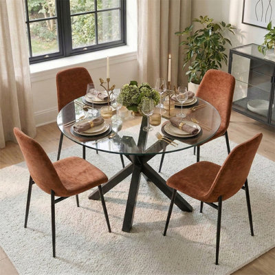 4 - Person Dining Table Sets With Glass Round Table & 4 Upholstered Chenille Chairs