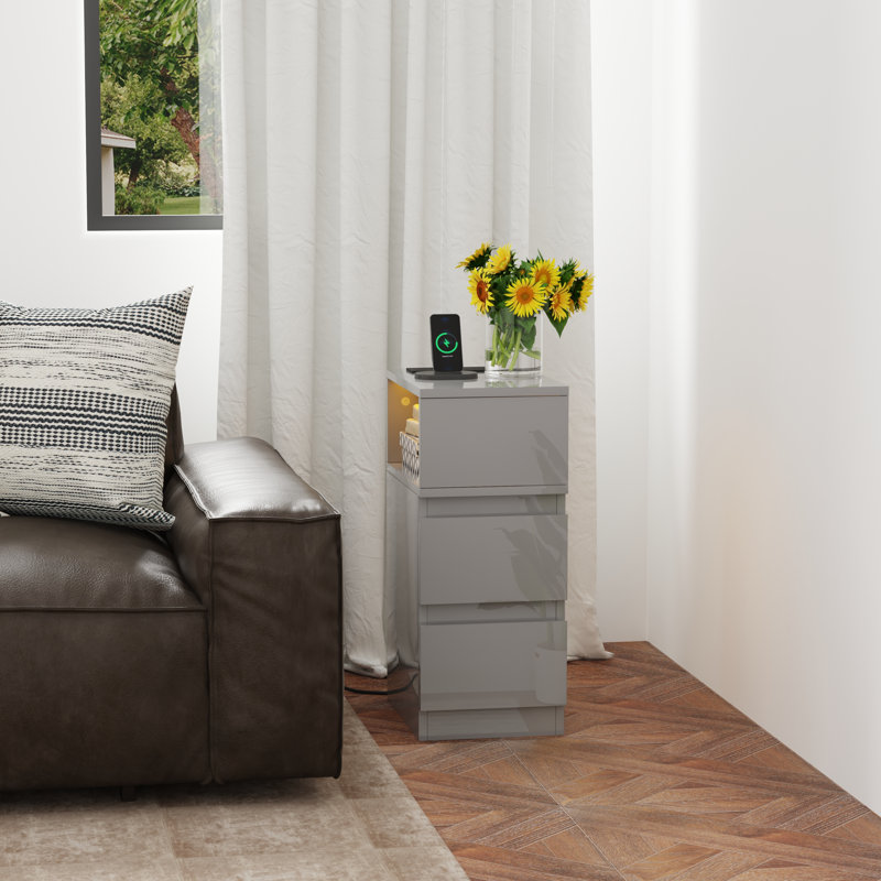 35cm W Solid Wood Bedside Table, High gloss grey 2 drawers