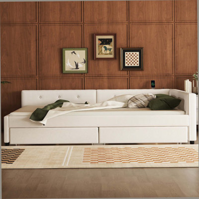 Grand lit plateforme tapissier grand avec USB et lit gigogne simple, beige (ancien SKU: DL000559AAA-1, ETA: 3,8)