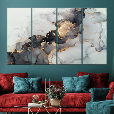 Élégant art mural en marbre noir et doré: impression abstraite sur toile de luxe, toile tendue 4P