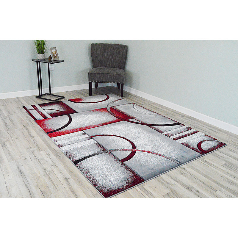 Tapis gris/rouge sculpté abstrait à la main 3d Mccampbell, Rectangle 7 pi 9 po x 10 pi 8 po