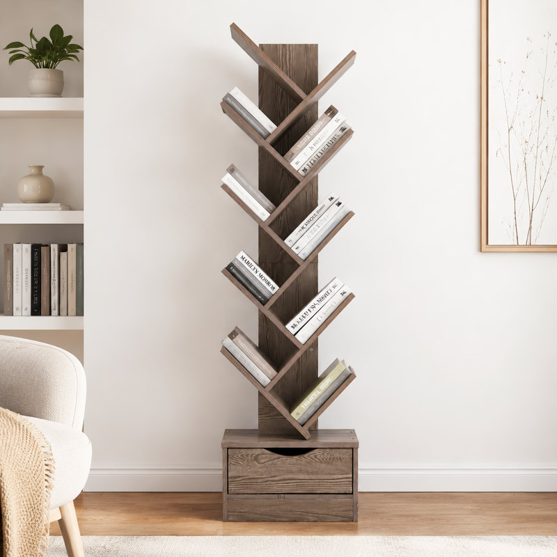 Modern 6-tier Tree-shaped Wood Bookcase With Drawer, Freestanding Open Shelf Storage Unit