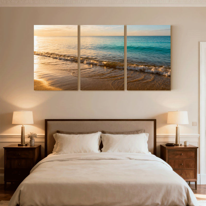 Plage, coucher de soleil doré, plage, vagues, océan, ciel, sable, ensemble de 3 impressions sur toile, H 30 po x l 60 po