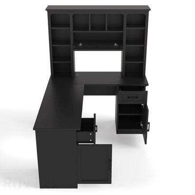 Bureau d'ordinateur en L avec 2 armoires et 2 tiroirs, 11 tablettes ouvertes et 1 tablette à droite rabattable avec rangement, avec prise de courant, pour bureau, salon et bureau, bleu antique