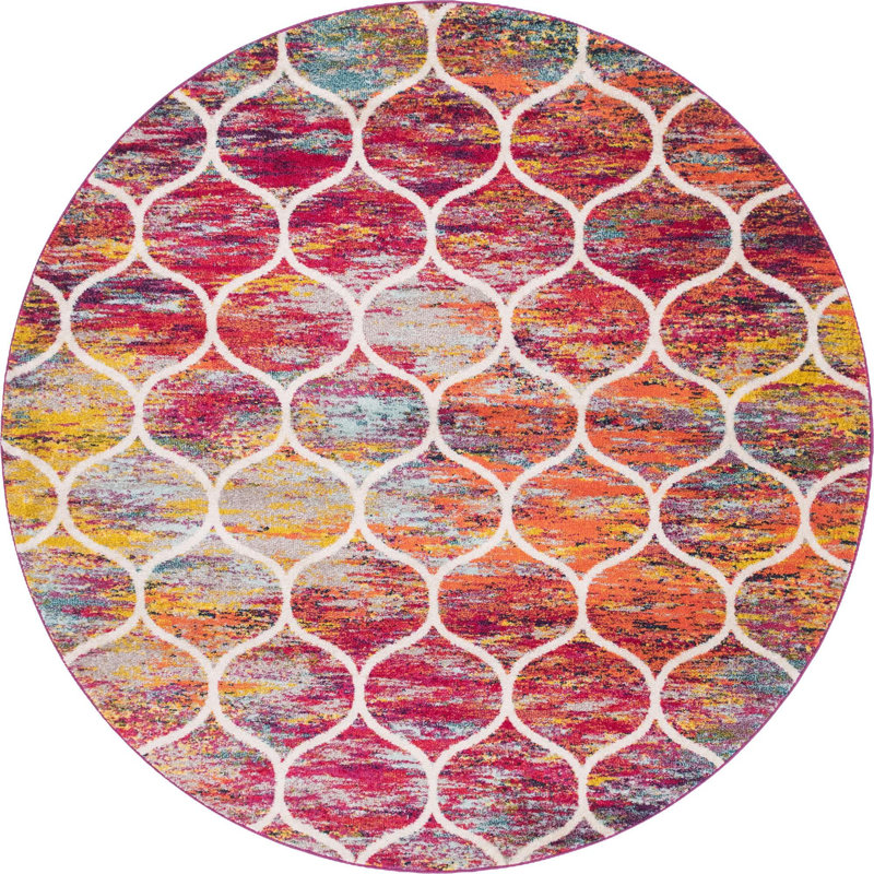 Llanet Geometric Area Rug, Round 7'10", Multi Red