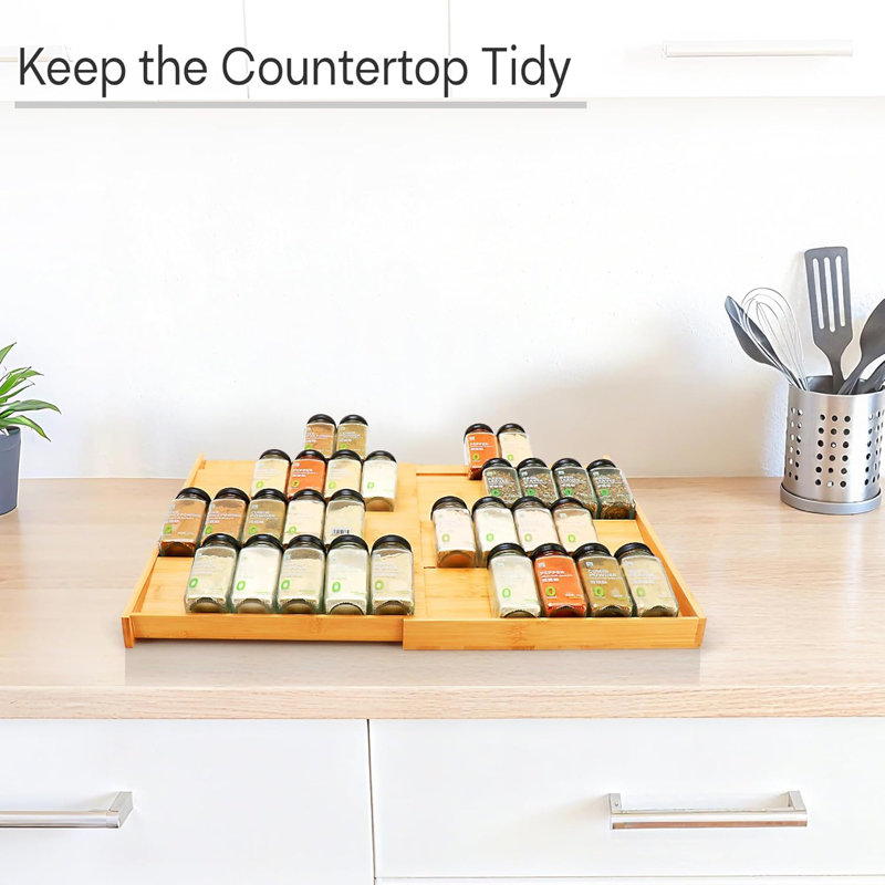 Bamboo Spice Drawer Organizer, (Need 3.1” Deep Drawer) Expandable 4 Tier Spice Rack