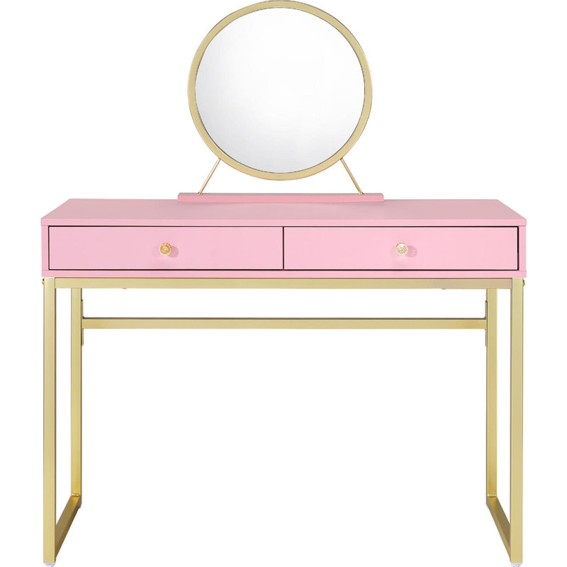 2 Drawers Vanity Desk With Mirror And Jewelry Tray,
