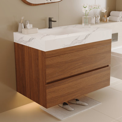 Meuble-lavabo flottant moderne 29,9 po avec plateau en faux marbre et lavabo en céramique Haloren