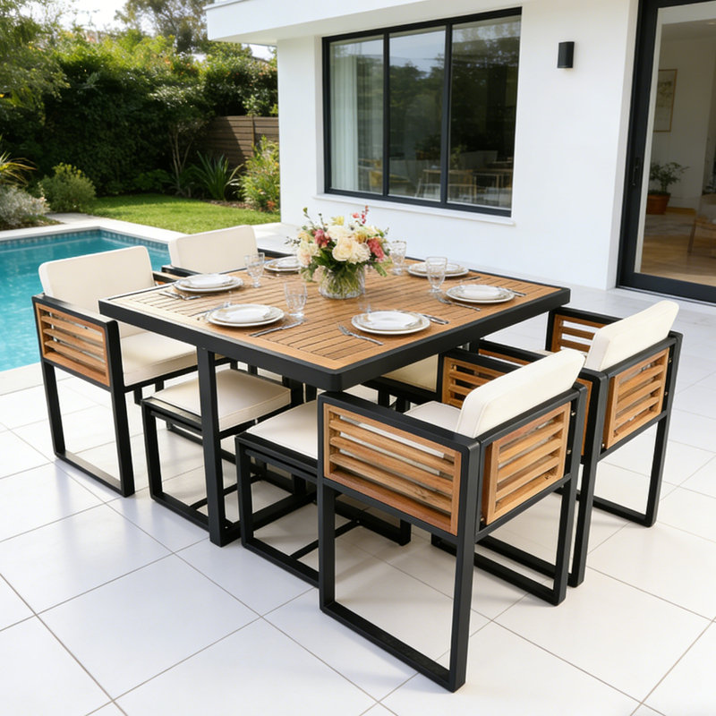 9-Piece Acacia Wood 8-Person Patio Dining Set, Beige