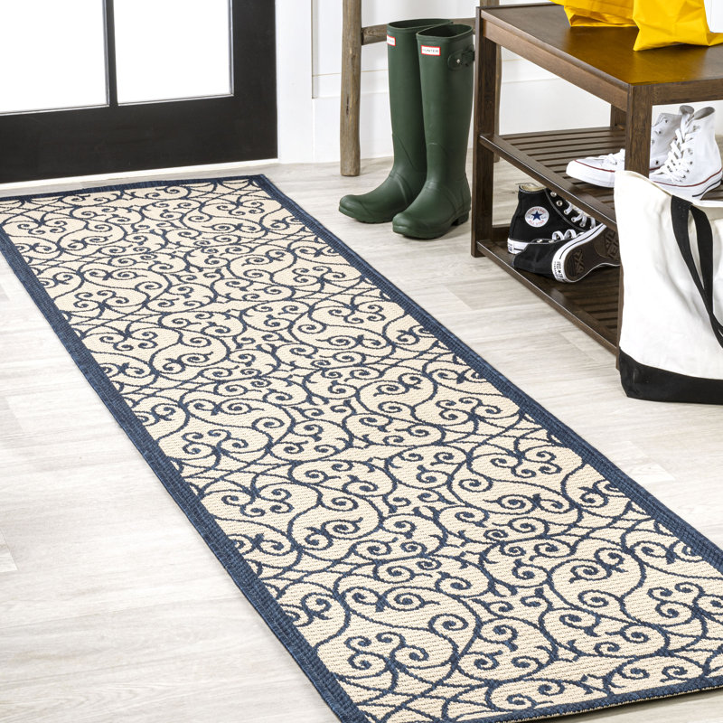 Deilani Vintage Filigree Textured Weave Navy/Beige Indoor/Outdoor Rug, Runner 2'2" x 10'