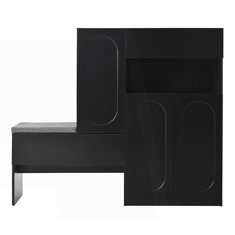 Elegant 2-In-1 Shoe Cabinet With Soft Cushion, Modern Storage Bench With Arched Doors, Accent Cabinet, Black