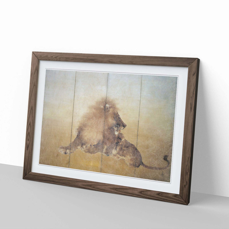 Lion by Takeuchi Seiho - Picture Frame Painting Print, 27cm H x 36cm W x 2cm D, Walnut Framed