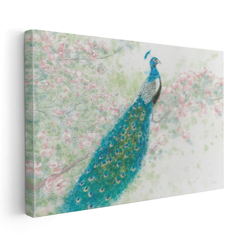 «Spring Peacock I Pink Flowers», reproduction d'art sur toile, H 20 po x l 30 po