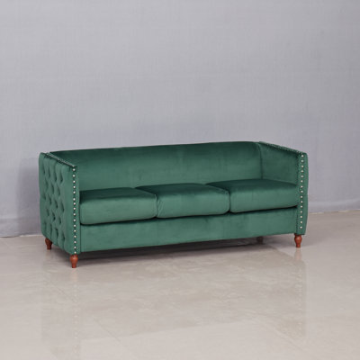 Living Room Sofa Green Tufted Fabric Silver Rivet Design Turned