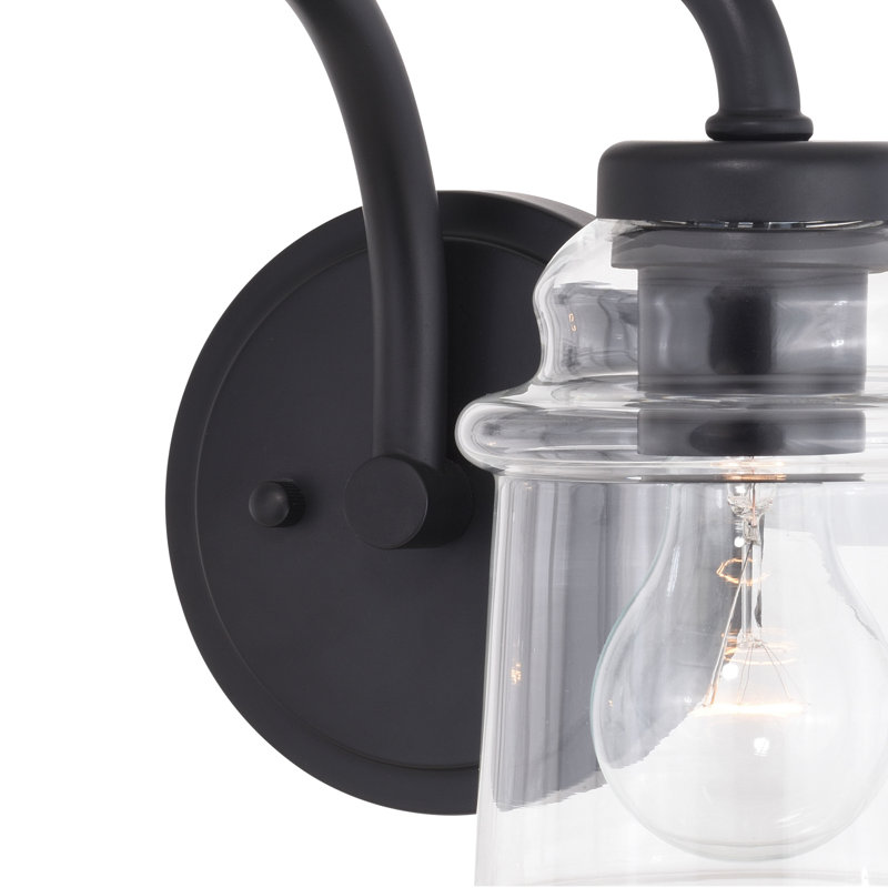 Akini 2-Light 14.75 inch Wide Matte Black Industrial Bathroom Vanity Lighting Fixture, Clear Glass Shade, Dimmable, LED Compatible, Over the Mirror Mounted Steel Wall Sconce