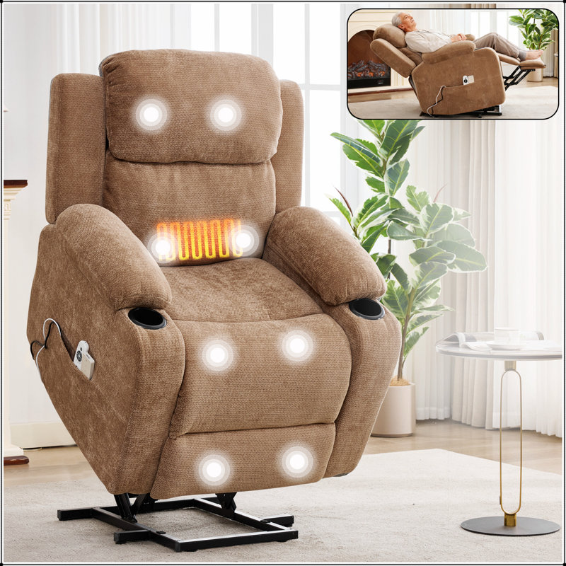 Heavy Duty Chenille Power Lift Recliner With 8-Point Vibration Massage, Lumbar Heating, And Stainless Steel Cup Holders