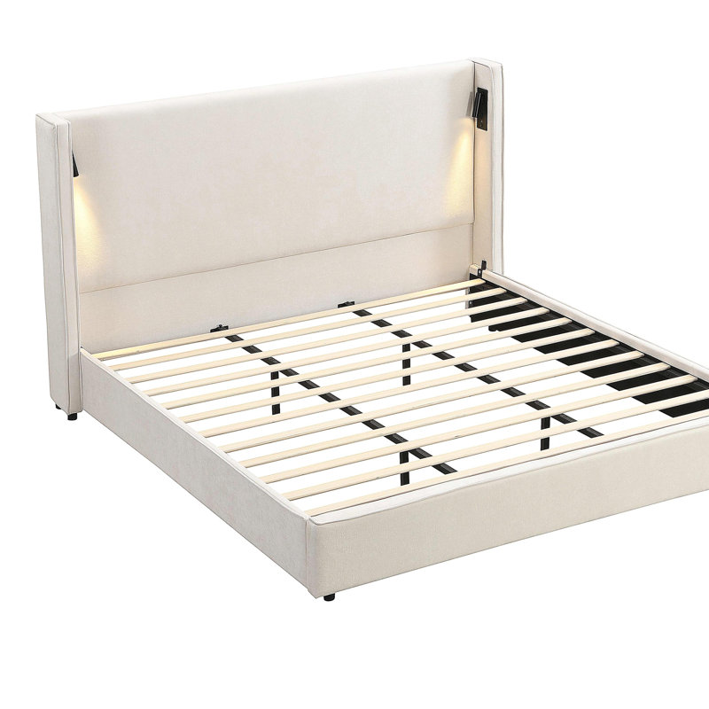 Structure de lit en tissu de grande taille avec tête de lit à haut coussin, lampe de lecture et USB, beige
