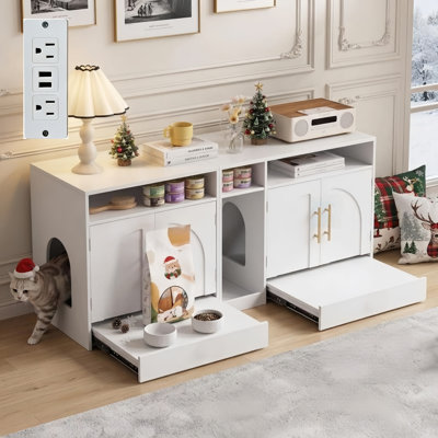 Modern Cat Litter Box Funiture with Sliding Bottom Tray & Scratching Pad, Large Hidden Double Room Enclosure for Multi-cat, Convertible TV Stand with Magnetic Doors, Cat House with Open Shelves & Built-In Power Outlet, White