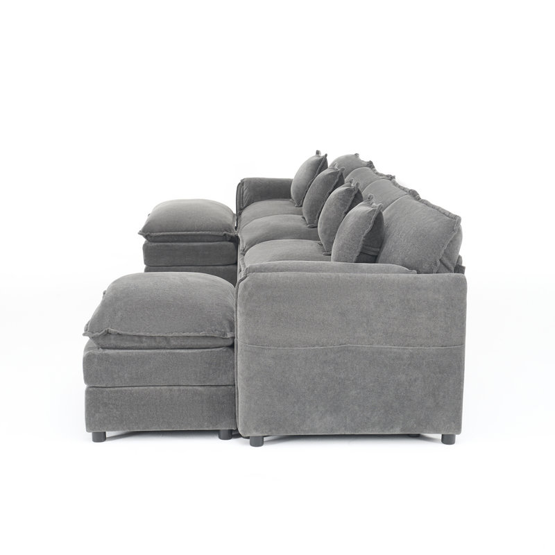 Canapé modulaire en chenille gris, canapé de salon moderne réglable avec repose-pieds mobile