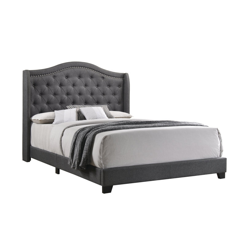 Elegant Blue Queen Bed with Tufted Upholstered Headboard and Nailhead Trim