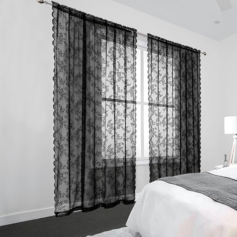 Black Sheer Curtains - 38 Inch width Old Fashion Goth Curtains for Living Room Victorian Black Lace Window Curtains with Rod Pocket 2 panel