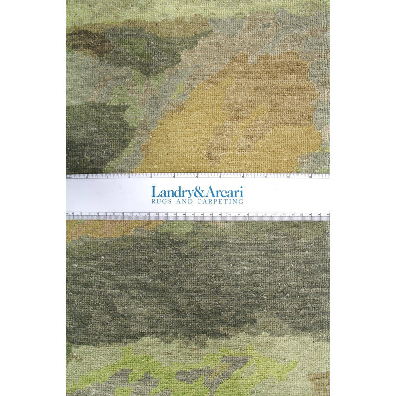 Tapis vert en laine noué à la main de conception unique 9 pi x 12 pi New Age Greenland