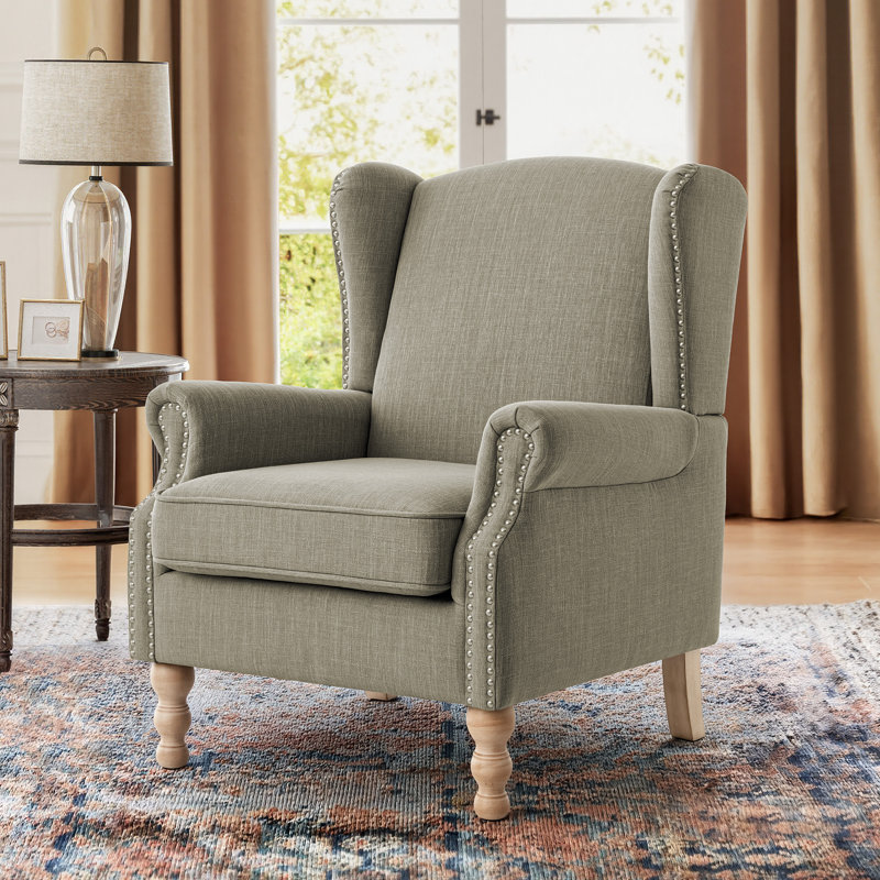 Fauteuil à oreilles tapissier surdimensionné de 30,9 po de large avec pieds en bois massif Farmhouse, Vert grisâtre