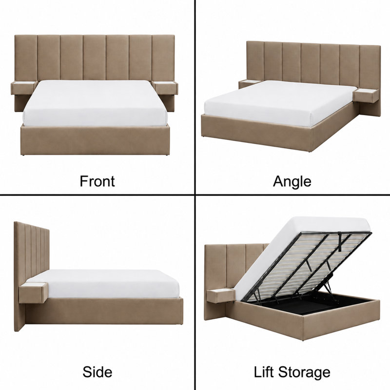 Iokaste Upholstered Lift Storage Bed Frame with Hotel-Style Headboard, Queen Size & King Size Bed Frame, Sprung Slats, Velvet Headboard and Drawers, Gas Lift Hydraulic Support, No Box Spring Needed