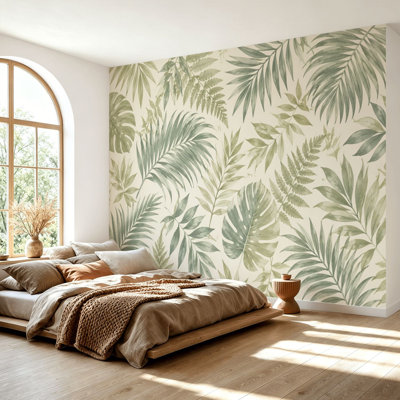 Papier peint adhésif à peler et coller à feuillage tropical abstrait vert olive Feuilles de palmier auto-adhésives, papier contact amovible, décoration murale pour le salon Chambre à coucher H 69 po x l 96 po