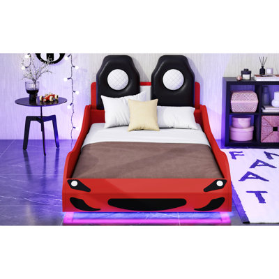 Twin Race Car Platform Bed With Led Ambient And Padded Back, Build, Red Theme, Upholstered , Strong Construction,