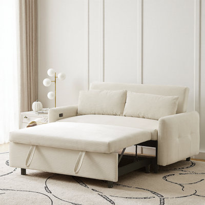 Canapé-lit coulissant de 57,5 po - causeuse convertible à 2 places avec dossier réglable à 3 niveaux, ports USB et 2 coussins décoratifs - Canapé-lit en velours côtelé pour salon, appartement, bureau - capacité de 500 lb / siège