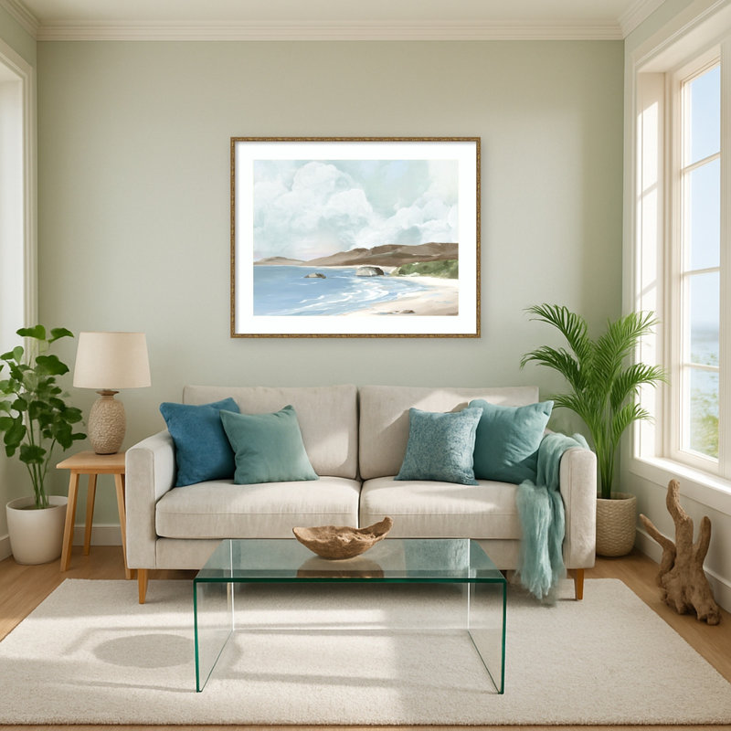 «Tranquil Coastline Under Soft Skies» par Adelbert Wood, reproduction d'art encadrée, 41 x 33, Belvédère bronze