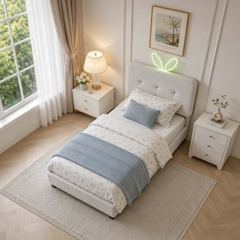 Lit tapissier avec tête de lit surdimensionnée, lumière DEL et 4 tiroirs de rangement, Lit simple, Beige
