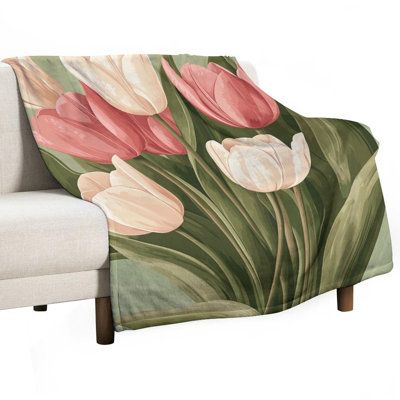 Jeté en flanelle de luxe Pastel Tulipes Lush Green Leaves, couverture douce et chaude pour le canapé-lit du salon