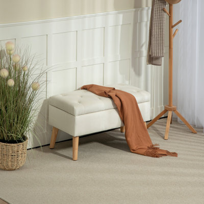 Repose-pieds rembourré avec rangement et pieds en bois, blanc crème