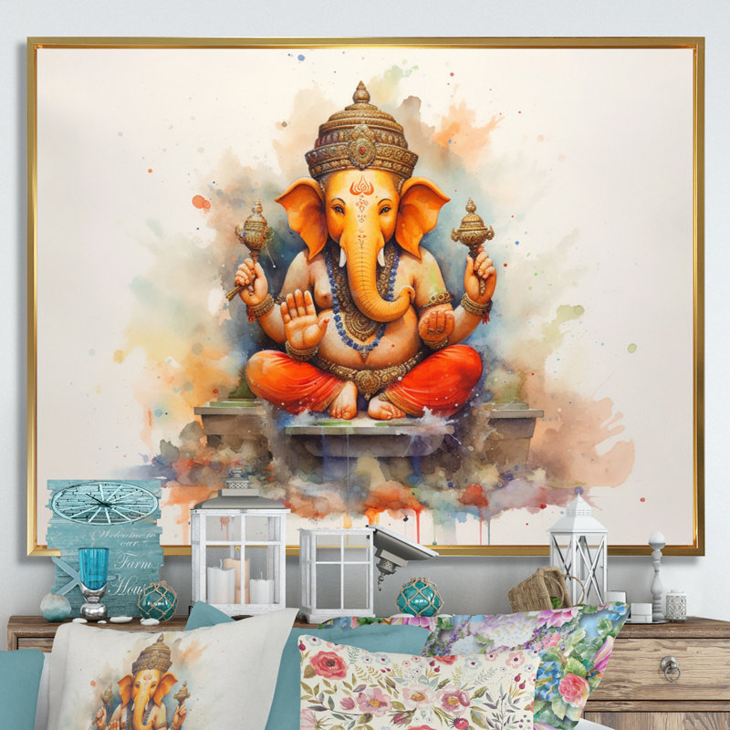 Éléphant vibrant d'Hinduisim II, H 16 po x l 32 po x P 1 po, Cadre flottant doré